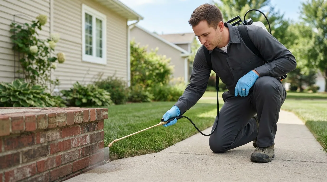 Pest control technician treating a home near Webb, IA