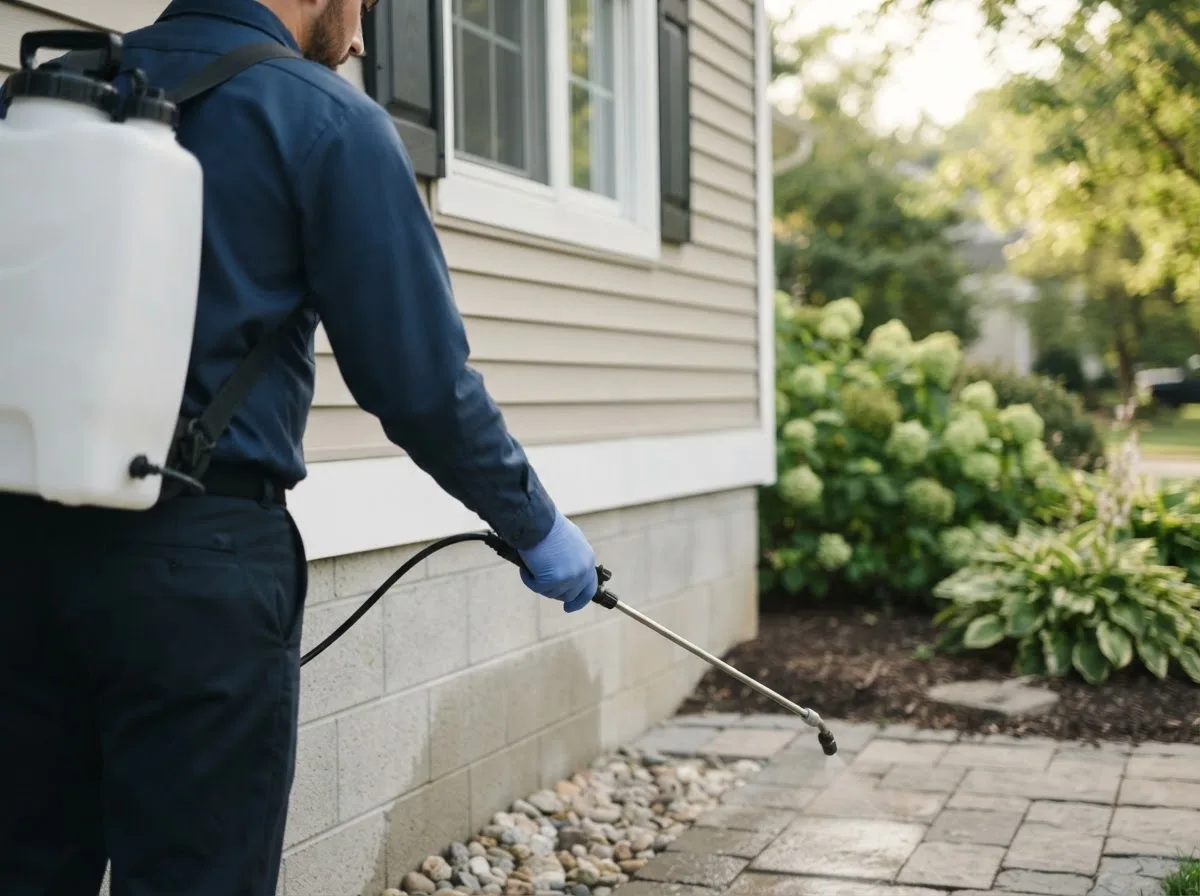 Pest control technician inspecting a home in Webb, IA